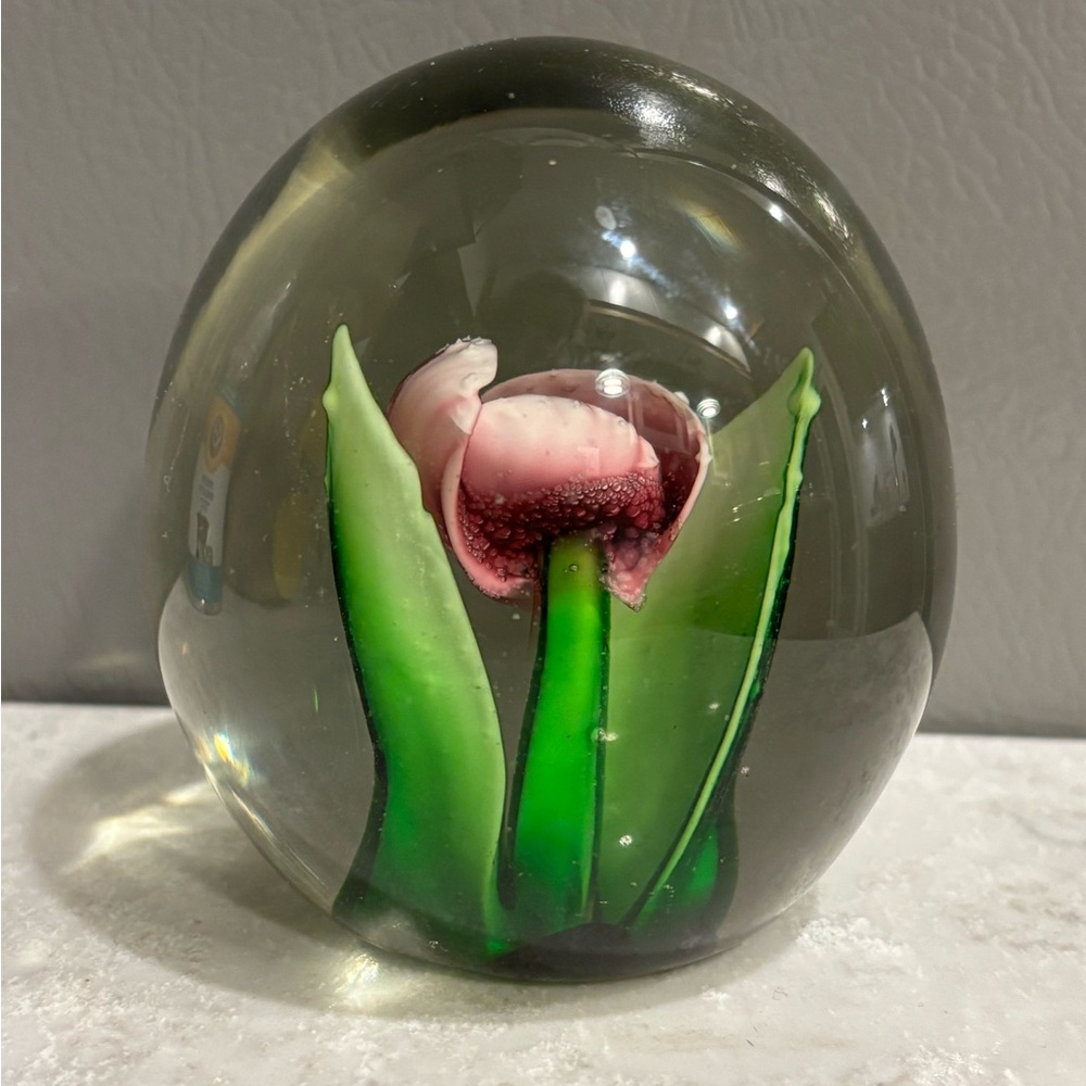 Elegant Glass paperweight with Pink Flower and Green Leaves